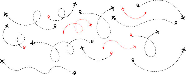 Airplane flight path with destination pin. Plane paths. Aircraft tracking, planes, travel, map pins, location pins .start point line trace and plane routes. Transparent png and vector illustration  © MDneamul
