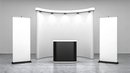 Minimal trade show booth with blank panels and counter
