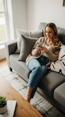 Young Woman Relaxing and Engaging with Smartphone on a Cozy Sofa at Home