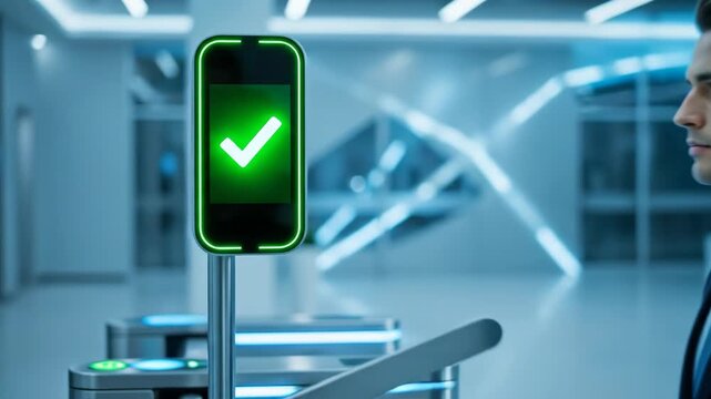 Caucasian man using facial recognition for access control. Businessman passes through security gates with face ID validation technology.