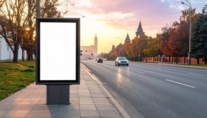 Blank vertical billboard with black frame on city sidewalk, autumn trees, sunset sky, urban architecture.