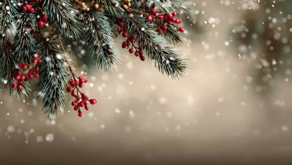 Elegant Blue Spruce Christmas Branches with Bright Red Winter Berries and Falling Snow Bokeh, Festive Holiday Background Banner with Copy Space.