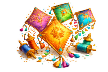 Vibrant kites and spools of thread in colorful array