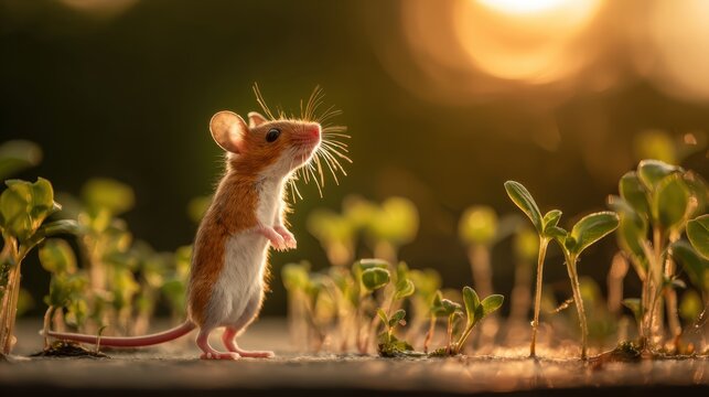 Cute fancy American mouse standing upright near young green plants