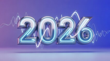 Futuristic 2026 New Year celebration number with glowing neon blue lights and metallic chrome texture