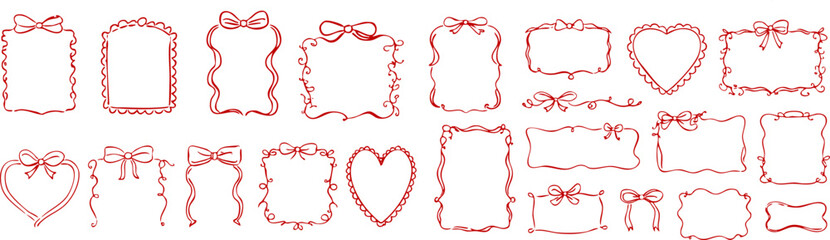 Handdrawn valentines frames set with red bows hearts and decorative borders romantic vintage doodle elements isolated on transparent background