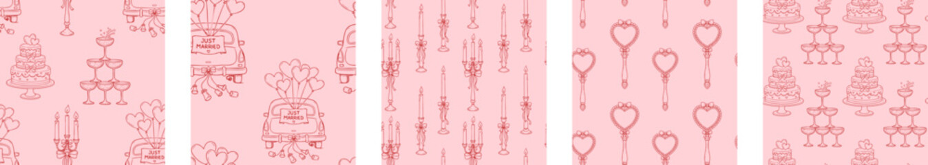 Wedding and valentines seamless patterns set with hand drawn cake champagne candles mirror and just married car romantic doodles on pink background