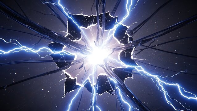 Electricity explosion with blue lightning bolts.