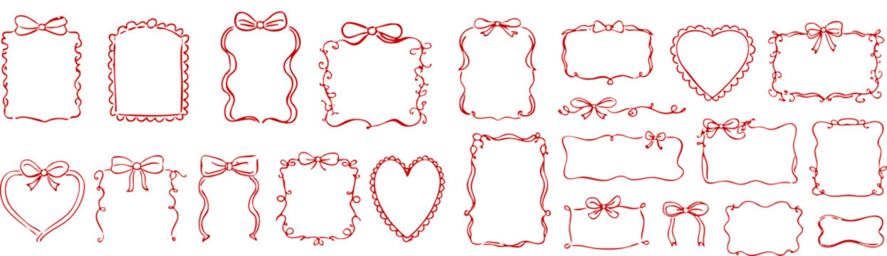 Handdrawn valentines frames set with red bows hearts and decorative borders romantic vintage doodle elements isolated on transparent background