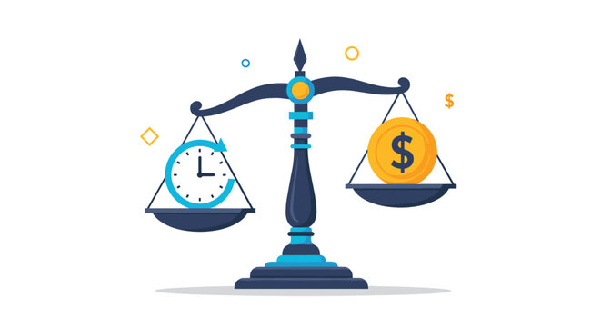 Balance scales comparing time and money with a clock on one side and a gold dollar coin on the other representing work-life balance or value.