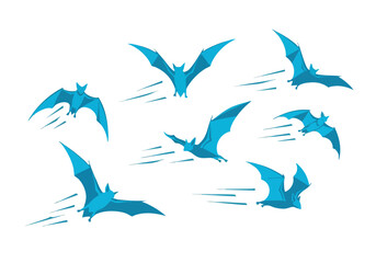 Obraz premium A flock of stylized blue bats in flight against a clean white background representing motion and freedom