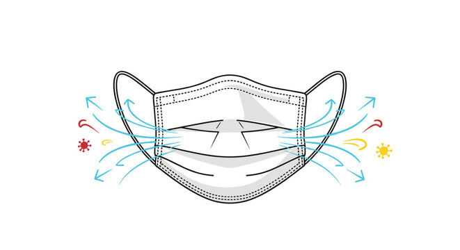 Illustration of a medical mask showing air flow patterns and protection against virus particles for respiratory health and safety measures. - Powered by Adobe