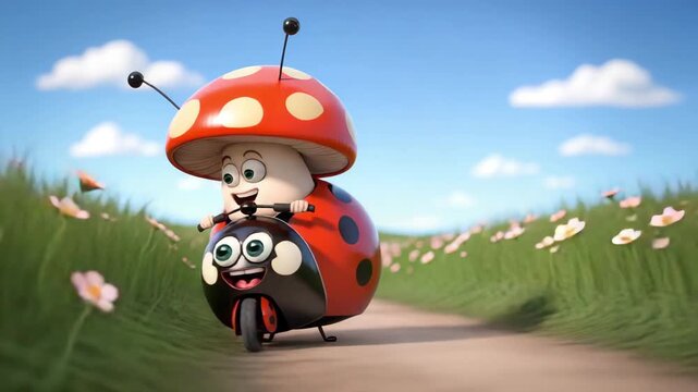Friendly mushroom cartoon riding ladybug in sunny flower meadow