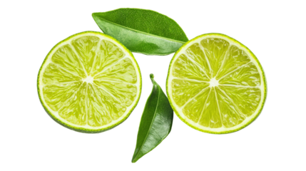 Lime halves, fresh citrus, green leaves, top view, vibrant fruit, healthy ingredient