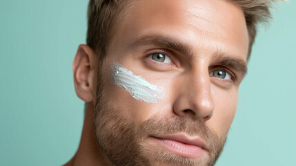 Moist male glass skin finish with cream applied on cheek and temple, showing smooth and healthy skin texture with calm and confident expression