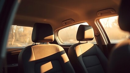 Car interior with sunlight streaming through the window, focusing on empty seats.