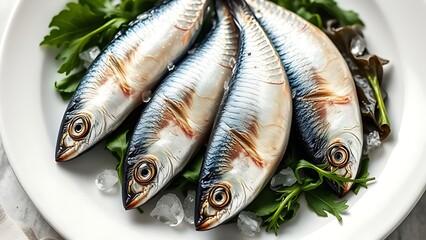 Glistening, jewel-like sardines and dark leafy greens on a white plate with crystalline structures of calcium.