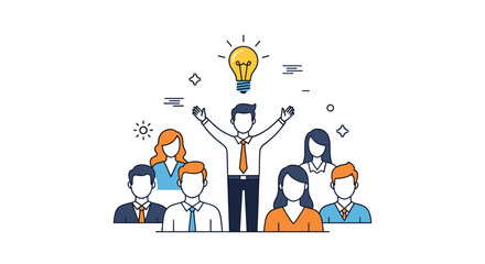 Team leader with a glowing lightbulb over his head standing in front of diverse colleagues representing a new business idea.
