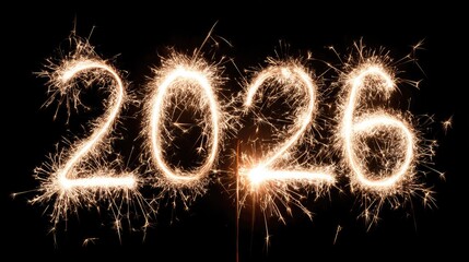 a celebration of a significant year change, indicated by the large "2026" numerals with lit sparklers behind them, symbolizing a festive occasion associated with this year