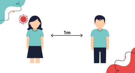 Illustration of two people standing one meter apart with a floating virus particle to emphasize social distancing importance.