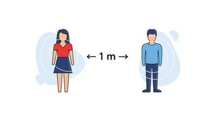 Public health guideline illustration showing a man and a woman maintaining a one meter distance for safety and protection.