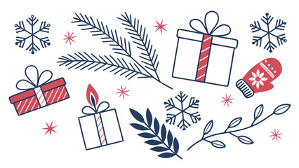 Festive holiday illustration with gifts, snowflakes, and winter elements