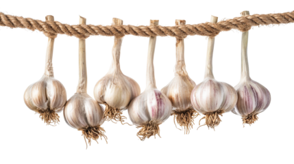 Garlic bulbs hanging on a rope. Aromatic cooking ingredient. Fresh spice.