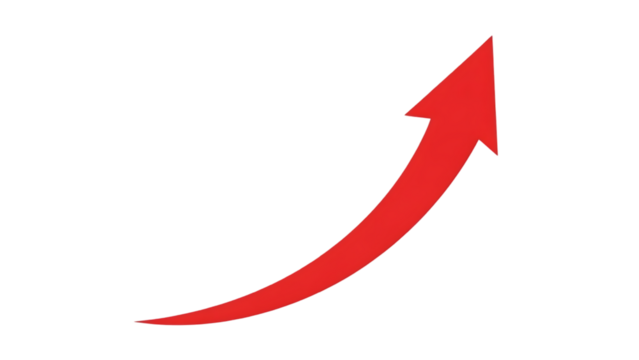 A red curved arrow pointing upwards isolated on transparent background - Powered by Adobe