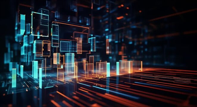 Abstract glowing digital network of futuristic data cubes and lines in a dark, vibrant space.