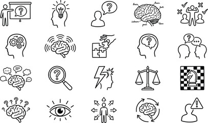 Critical thinking line icons set for problem solving, brain psychology, mental health, logic analysis, decision making, strategic planning, human mind exploration and cognitive skills.