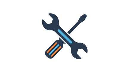 Simple crossed wrench and screwdriver tool icon in dark blue and orange colors representing repair and maintenance services.