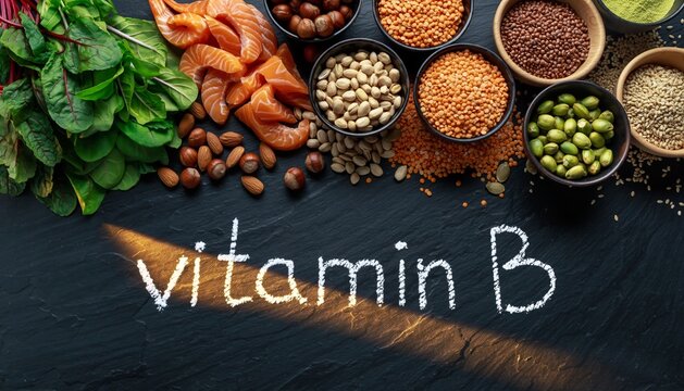 Vitamin B Rich Foods on Black Slate Background