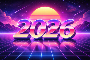 2026 numbers in retro neon grid landscape