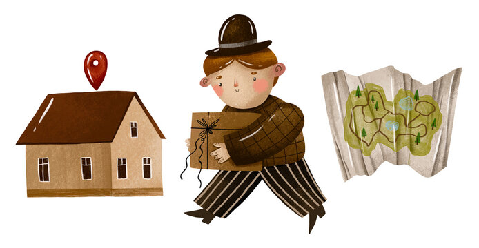 Delivery post boy courrier hold a carton box, house with location and map. Mailing set. Delivery, message, communication concept