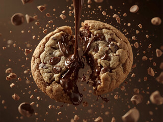 A warm cookie split open with melted chocolate pouring inside, surrounded by chips and crumbs