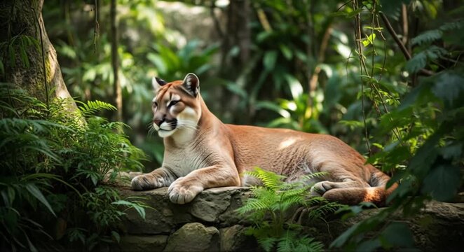 Majestic cougar rests peacefully amidst lush green foliage in a serene forest setting.