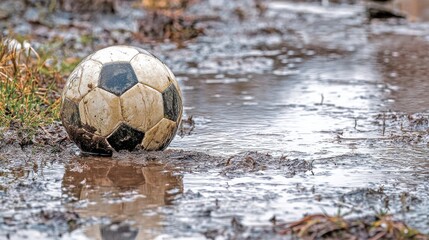Soccer ball in a muddy puddle after a rainfall