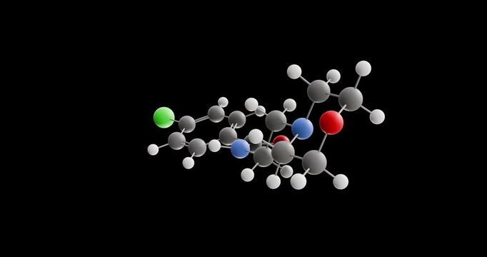 Moclobemide molecule, rotating 3D model of antidepressant, looped video on a black background
