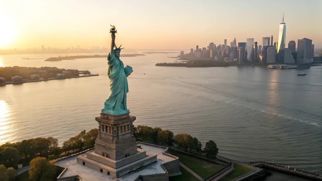 Aerial View of Statue of Liberty with NYC Skyline at Sunset, Liberty Island, New York Harbor...