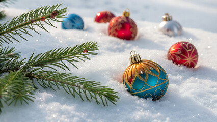 Merry Christmas - Baubles On Snow With Fir Branches
