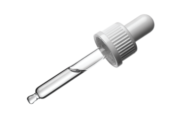 Glass Dropper with Clear Liquid in a Precise Scientific Style with Bright Studio Lighting on a Transparent Isolated Background for Laboratory and Cosmetic Applications.