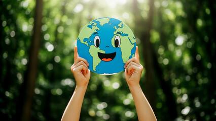 A man in a park makes a funny face while holding a ball shaped like the Earth to show care for nature
