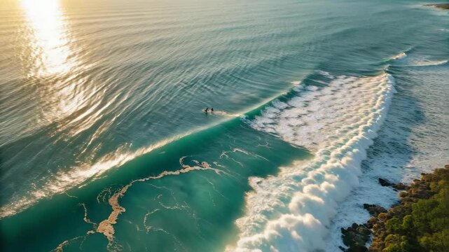 Aerial View of Serene Ocean Waves with Surfers Riding the Swell at Sunset ...