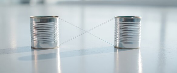 Classic tin can telephone communication concept with wire on light background,Tin Can Day