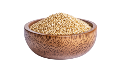 Millet seeds in wood bowl. Raw organic gluten free grain.