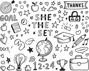 doodle elements for education and success with handwritten text and symbols on transparent background
