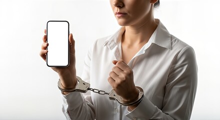 A woman wearing a white shirt is shown handcuffed with both hands linked together while holding a smartphone with a blank screen against a plain white background, symbolizing digital restriction.