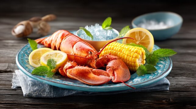 Colorful platter displays a feast of lobster, sweet corn, and lemon, bringing together flavors of summer in a lively New England clam bake, filled with laughter and joy