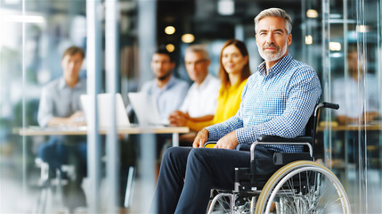 Smiling professional man using a wheelchair in a modern office, with diverse coworkers blurred in the background. Inclusive workplace concept, accessibility, teamwork, and leadership.