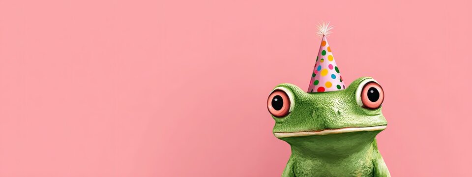 a green frog wearing a party hat with candles sits against a solid pink background